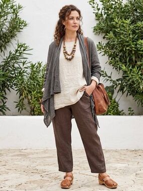 FLAX Chocolate Brown 100% Linen Pull On Pants Large Lagenlook